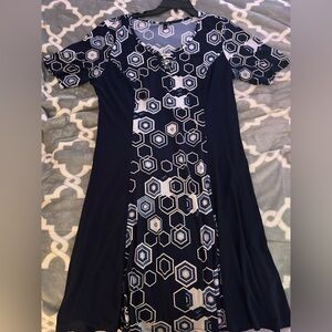 navy & white dress with patterns